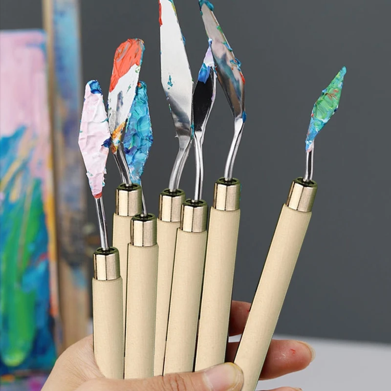 Painting Mixing Scraper Knife Painting Art Spatula with Wood Handle Knife Tools for Oil Canvas Art Student 7 Pc