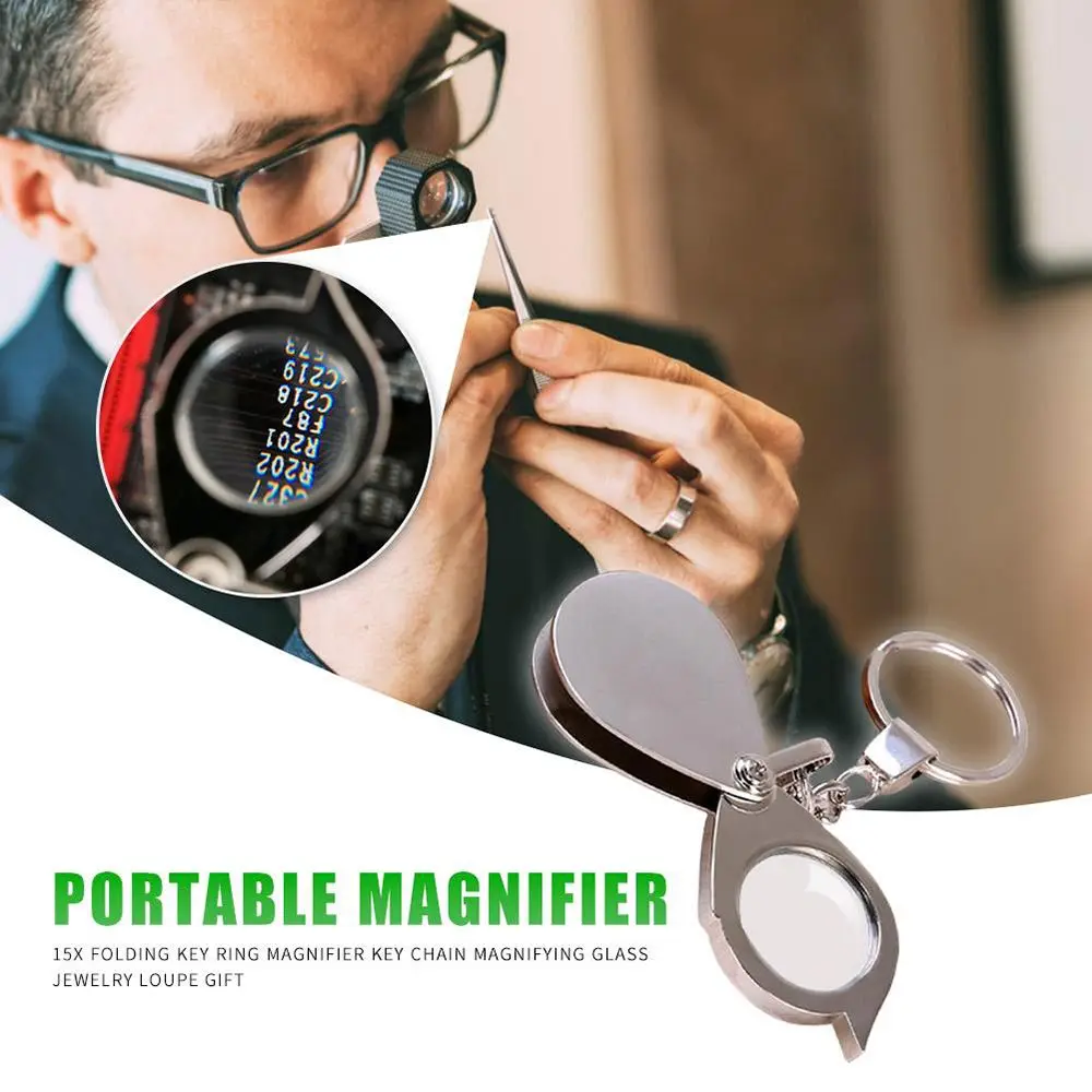 15X Folding Magnifiers Key Mini Chain Magnifiers Magnifying Glass Lens Handheld Durable Glass Loupe Professional Portable Tools