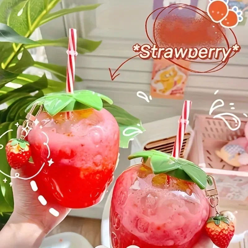 1pc 500ml Cute Transparent Strawberry Tumbler with Lid Straw Plastic Cup Online Celebrity Creative Fruit Bottle Party Beverage