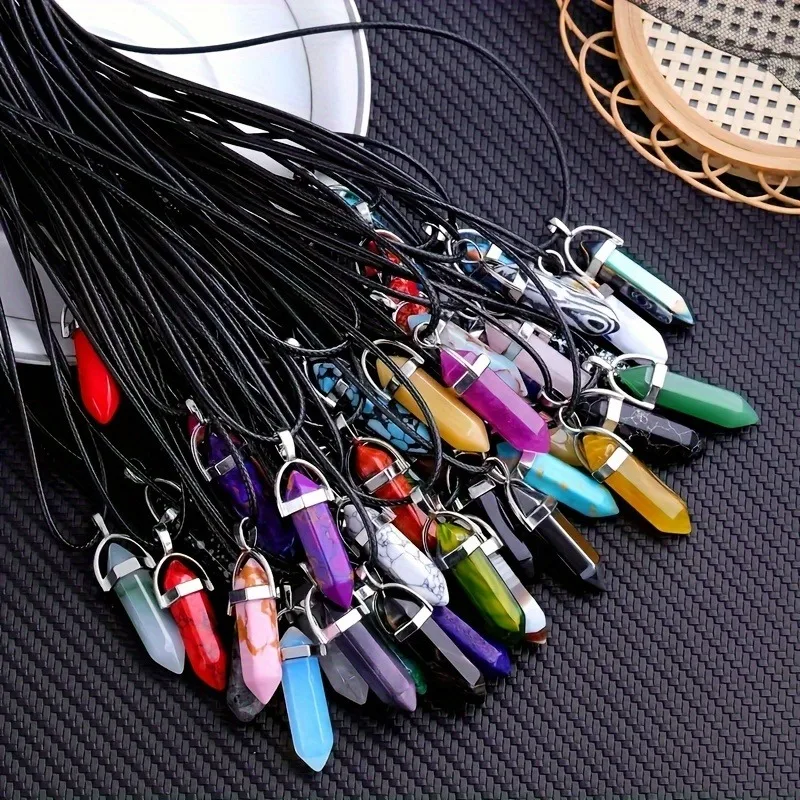 

20 Men's Crystal Necklaces With Multi Colored Hexagonal Cylindrical Stone Pendants, Women's Summer Jewelry Stone Necklaces