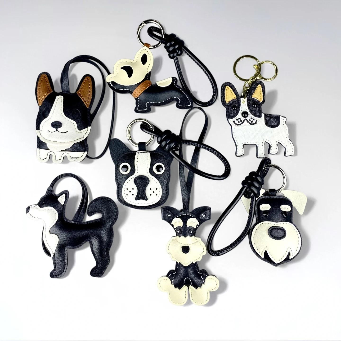 

Puppy Keychain for Bags – Black & White PU Leather Dog Bag Charm-Fashionable Pendant for Handbags, Edgy Cool Gift/Accessory