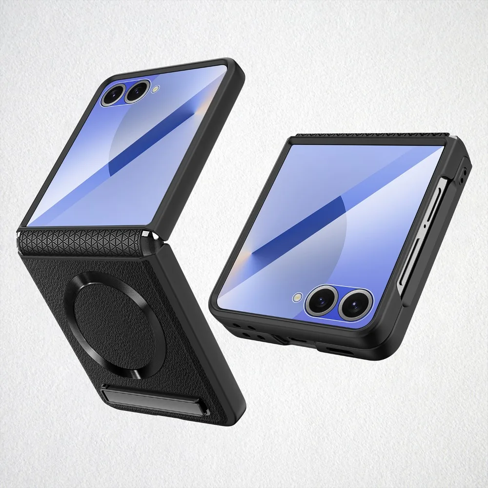 

Magnetic Wireless Charging Kickstand Phone Case for Samsung Galaxy Z Flip7 FE Flip 7 6 5 Hinge Protect Glass Film Leather Cover