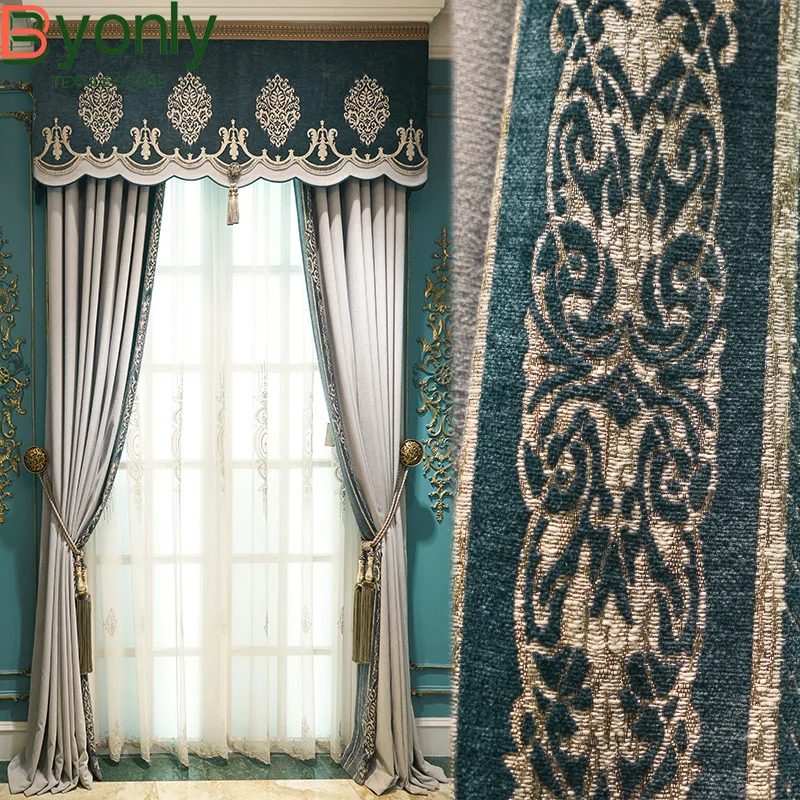 Customized Blue Gray Embroidered Window Screen Thickened Splicing Chenille Curtains for Living Room Bedroom French Window