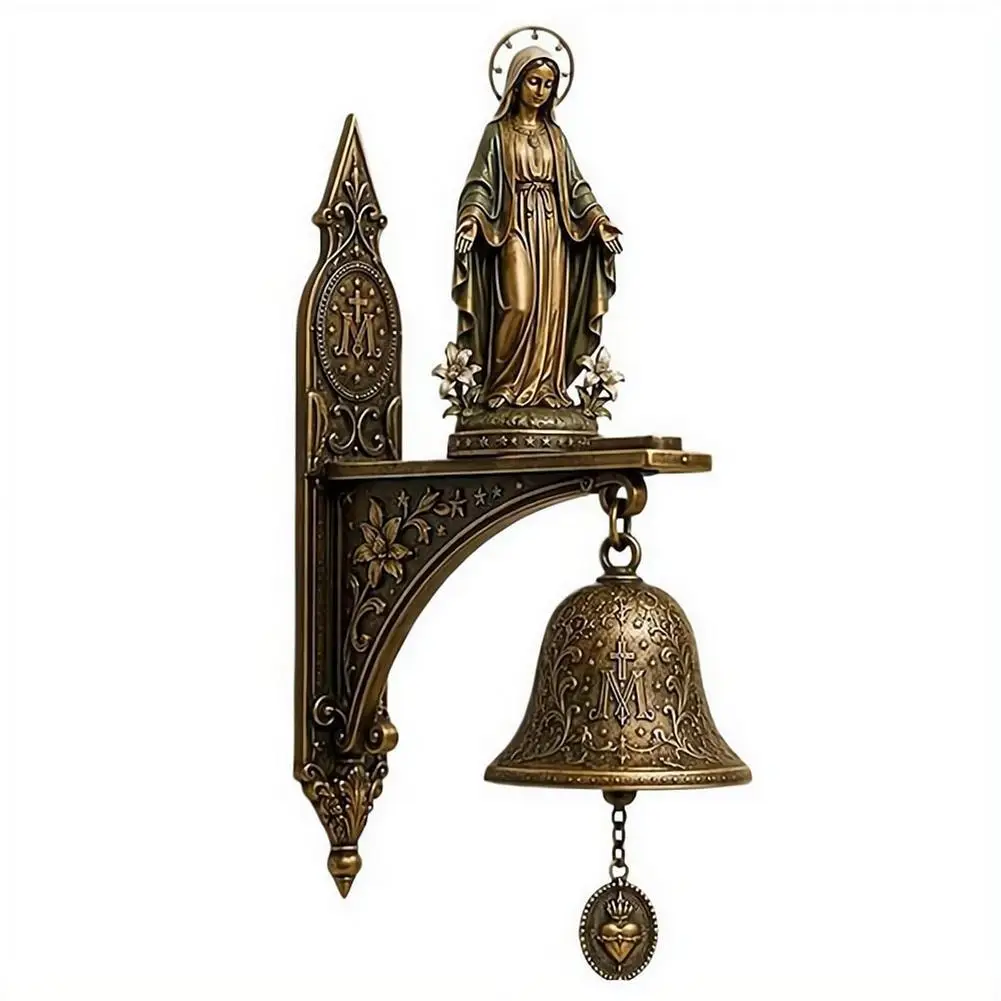 Our Lady of Grace Bronze Miraculous Medal Wall Bell -Resin Figure Wall Bell Hanging Church Home Decor Garden Porch