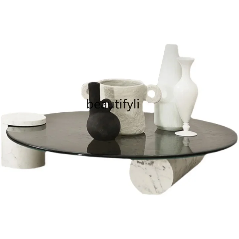 

Italian light luxury round glass coffee table creative modern minimalist wabi-sabi style, marble minimalist tea table