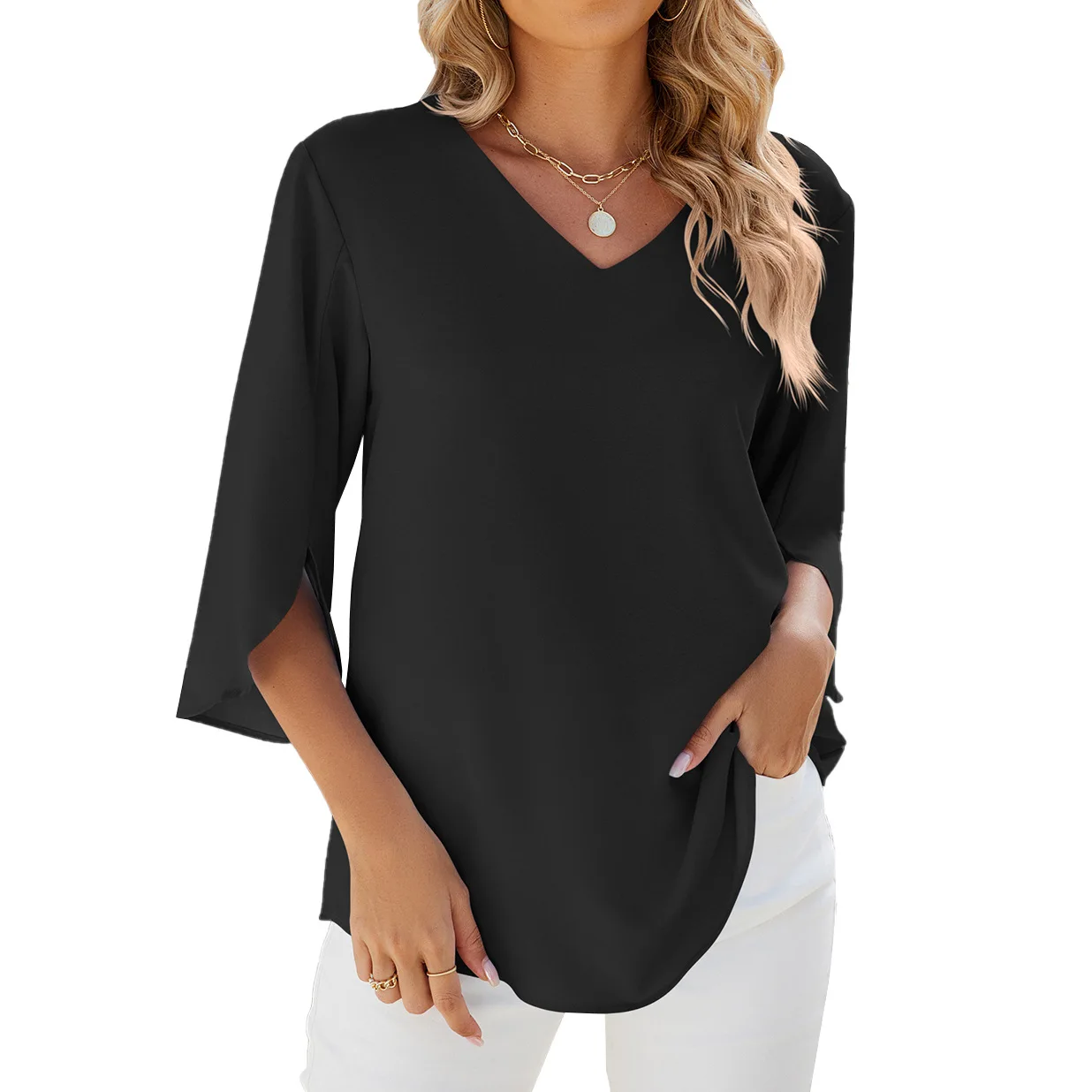 2025 European and American Summer New V-neck Ice Silk Solid Color Loose Casual T-shirt
