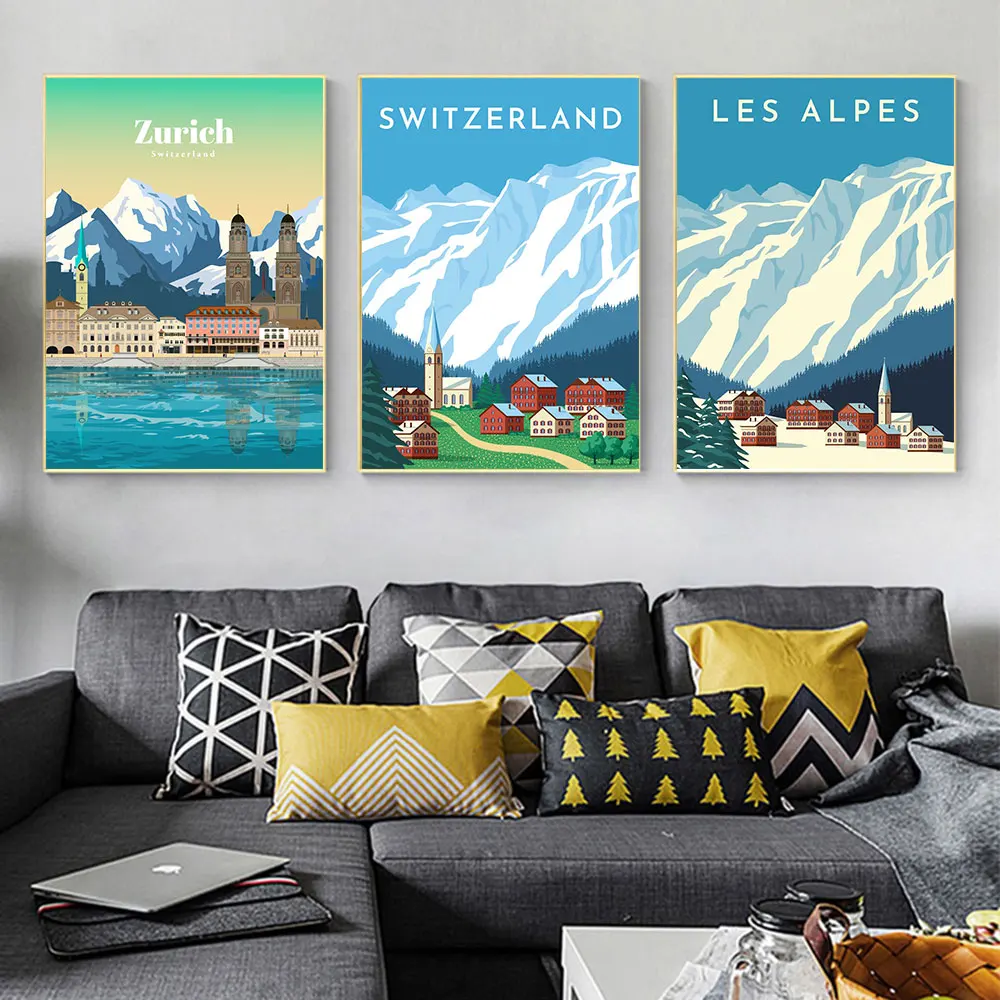 Geneva Switzerland Travel Canvas Painting Les Alpes City Zurich View Pictures Print And Poster For Room Cuadros Decoration Gifts