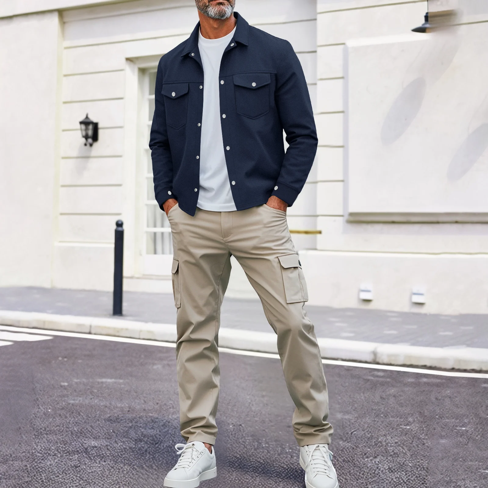 

Men's casual lapel single-breasted solid-color double-pocket youth jacket