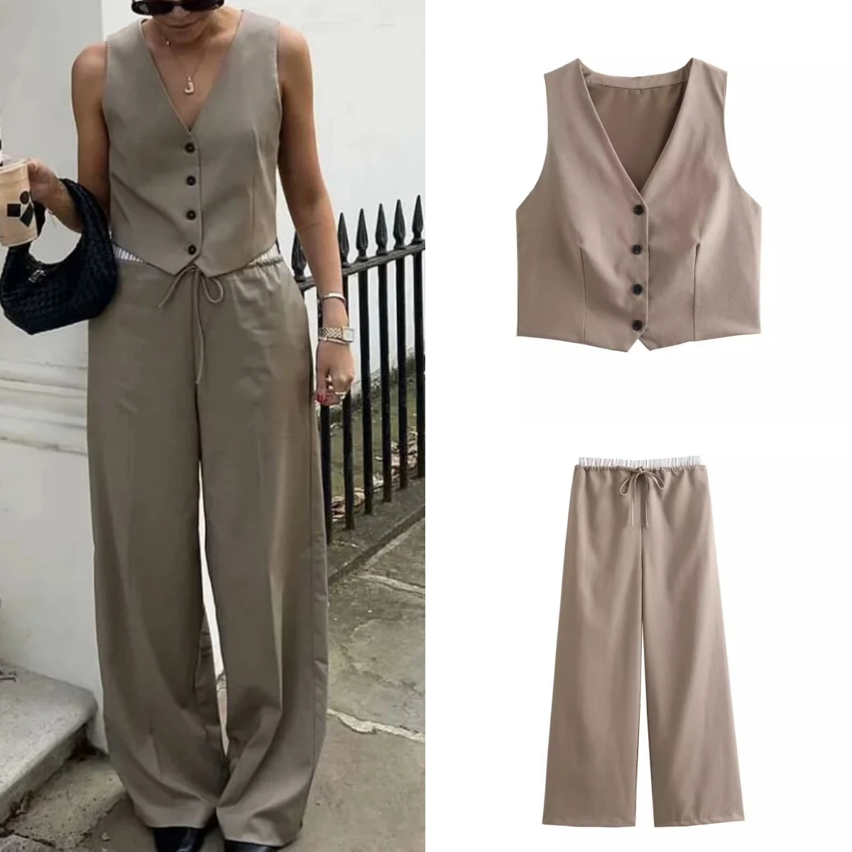 2024 Woman\'s Fashion Khaki Pants Sets V-Neck Sleeveless Vest+High Waist Elastic Waist Pockets Drawstring Pants Female Suit