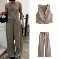 2024 Woman's Fashion Khaki Pants Sets V-Neck Sleeveless Vest+High Waist Elastic Waist Pockets Drawstring Pants Female Suit