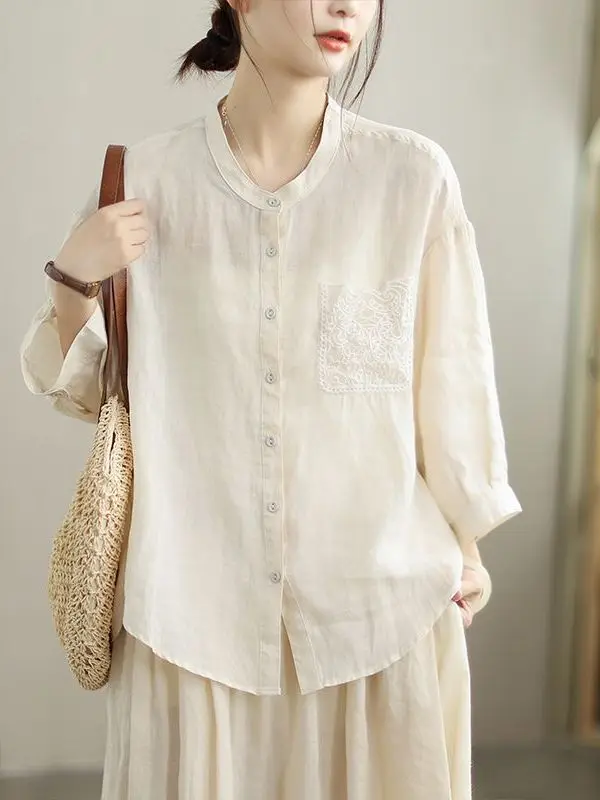 Artistiek Casual Kant Splitsen Dunne irt Grote Maat Dames Zevenkwart Sve Knop Opstaande Kraag Open Vest Lente