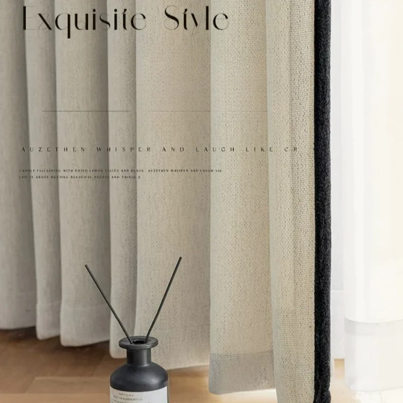 Light French Black Edge Chenille Cotton and Linen Feel Thickened Cream Color for The Living Room Curtain Medieval Style Curtains