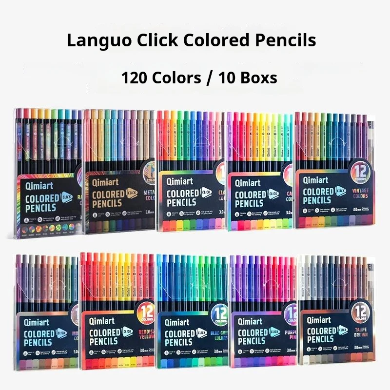 Languo 120/12 Colors Mechanical Pencil Set Press 3.0mm Soft Core Oil Click Colored Pencils for Drawing Coloring School Supplies