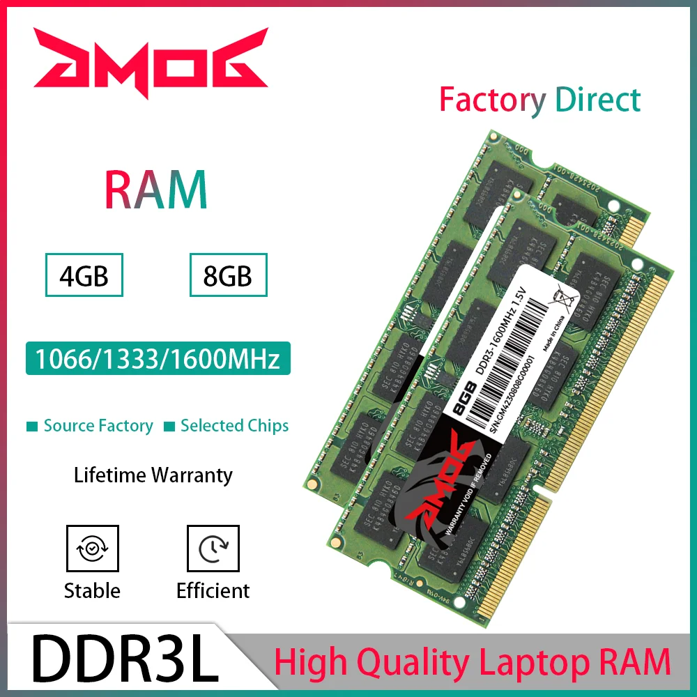 GMOG DDR3L 4GB 8GB Laptop Memory RAM 1333MHz 1600MHz 1.35V PC3L 8500 10600 12800 SO-DIMM Memories RAM DDR3L