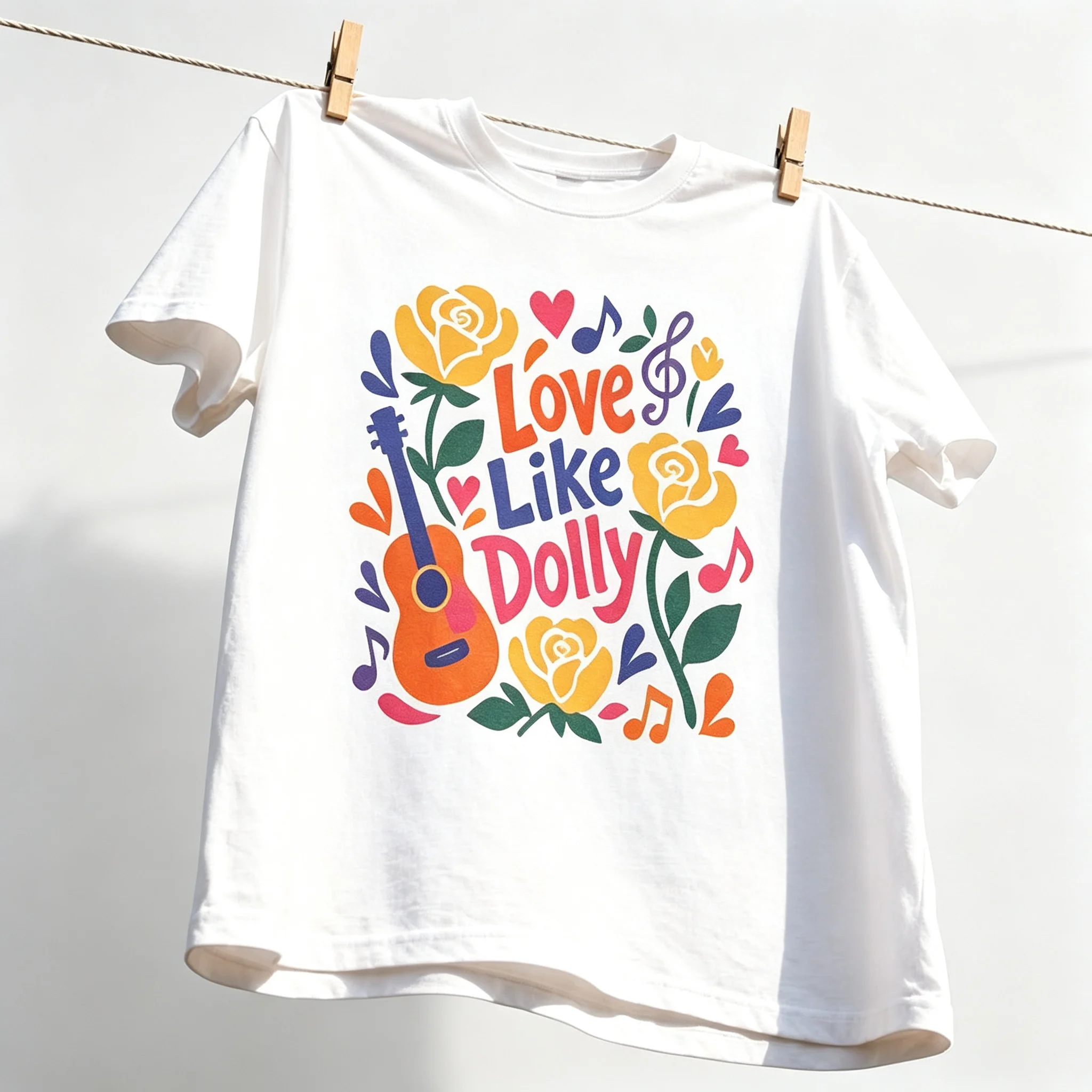 Love Like Dolly Graphic T‑Shirt Women Vintage Country Music Rose Guitar Print Short Sleeve Tees Casual Crew Neck Summer Tops