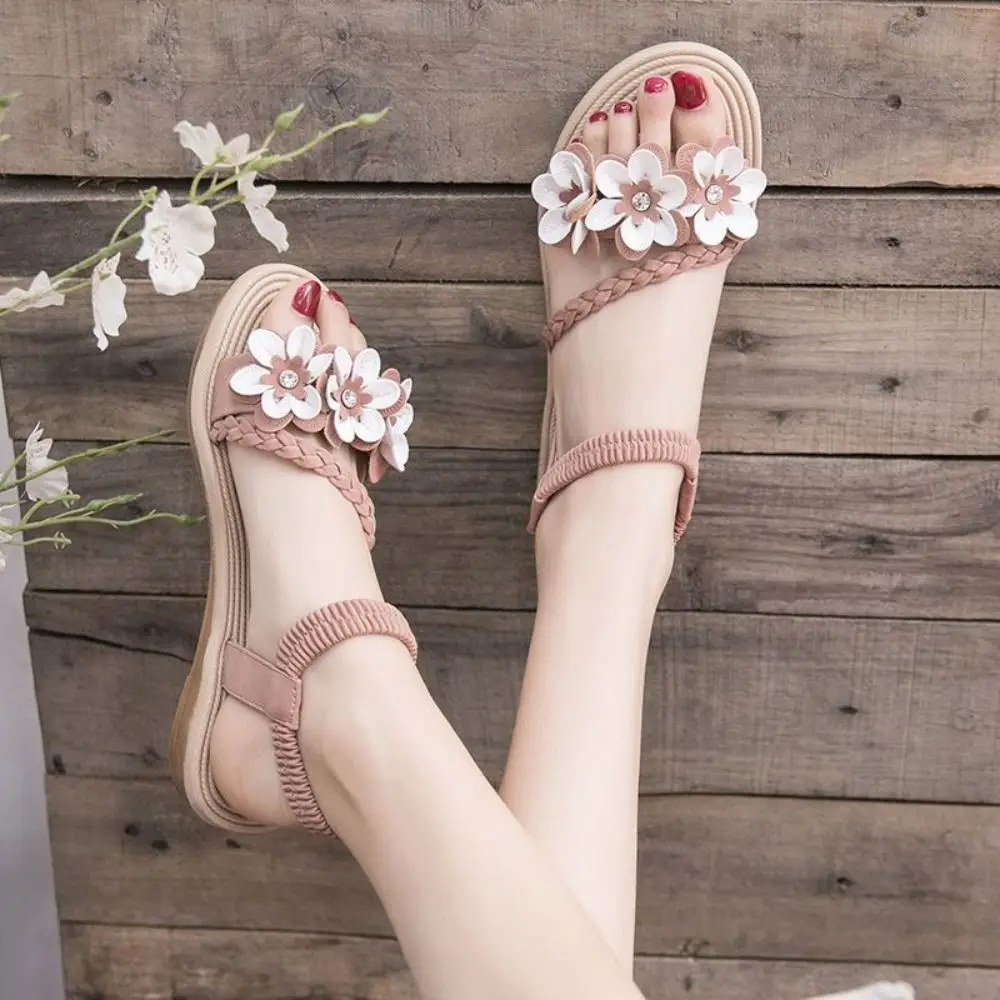 

Casual PU Leather Flower Sandals Women Anti Slip Open Toe Beach Slides Sandals Anti Odor Summer Flat Slippers Ladies
