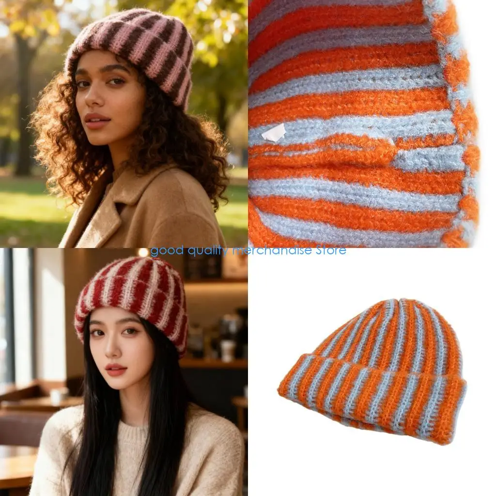 Y5JD Berretto in maglia a righe a contrasto alla Pullover con teschio Cappello in misto resistente Pullover comfort