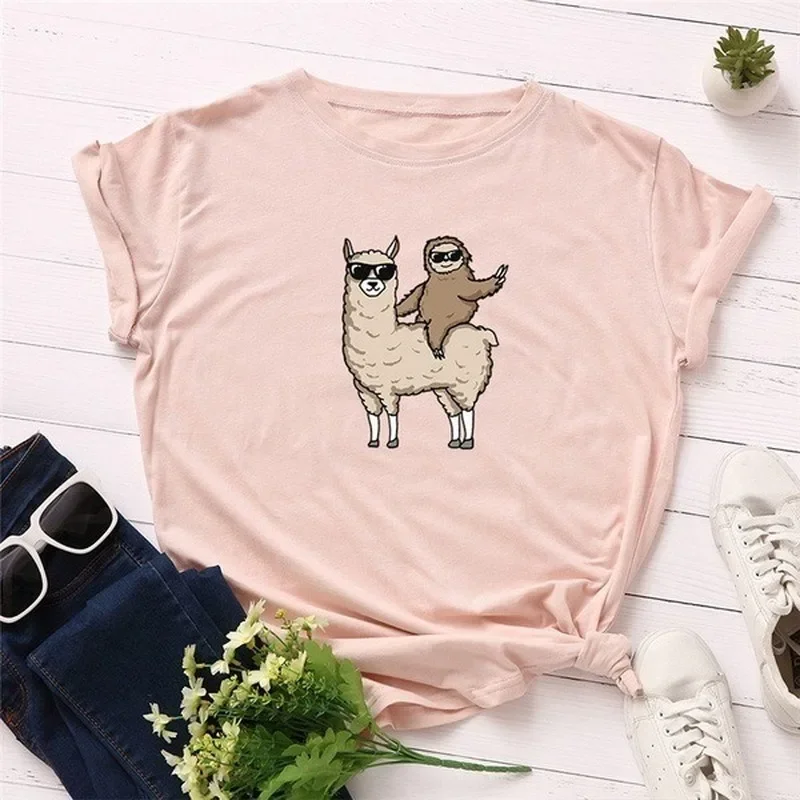 Camiseta con estampado de pereza y Alpaca para Mujer, ropa holgada de manga corta con cuello redondo, a la moda