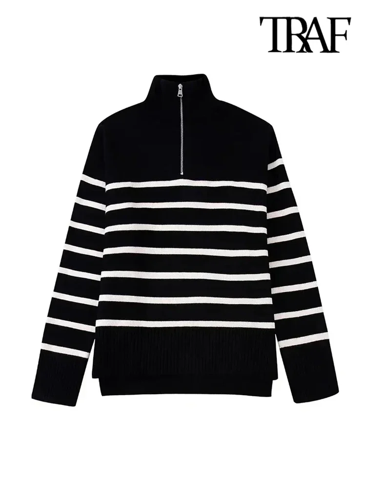 TRAF Women Fashion Loose Striped Asymmetry Knitted Sweaters Vintage Long Sleeve Zip-up Female Pullovers Chic Tops