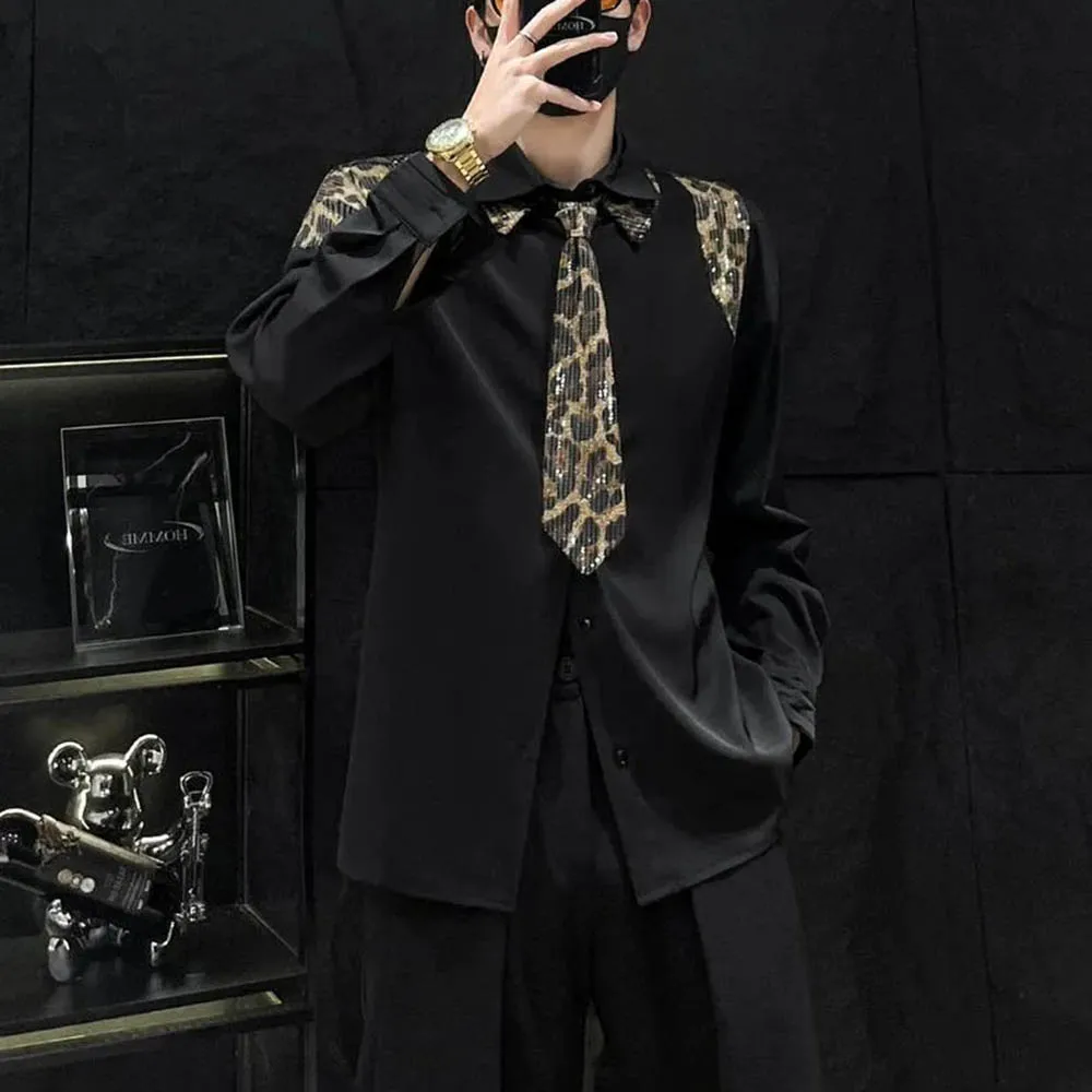 

Mens Leopard Print Tie Stitching Ballroom Casual Shirt Streetwear Fashion Nightclub Stage Performance Long-Sleeve Top Men'S Wear