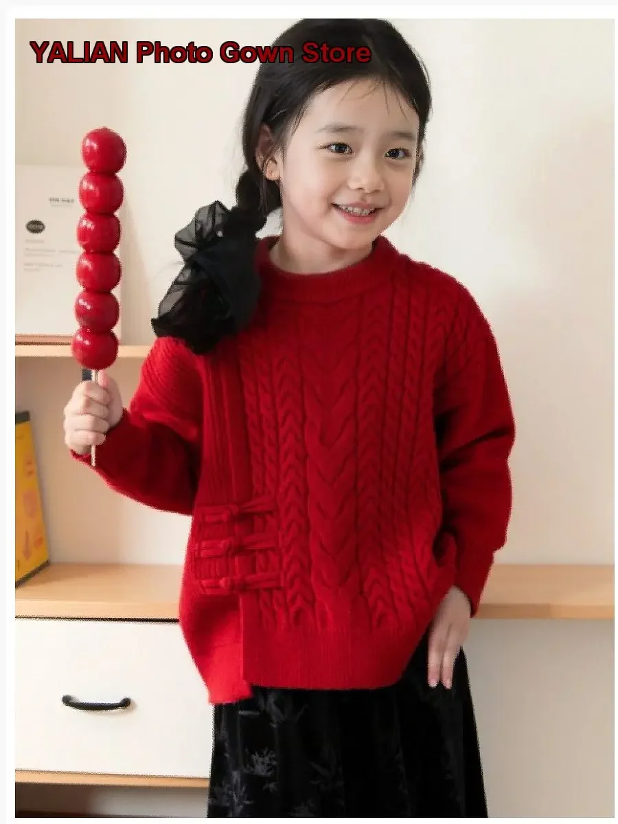 Girls Traditional Chinese Style Knit Top Boys Autumn Winter Round Neck Pullover Sweater Solid Color Older Kids
