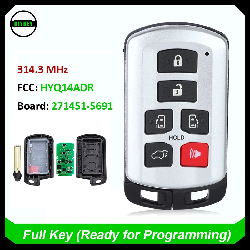 DIYKey-スマートリモートキーフォブ,キーレスエントリー,6ボタン,id74チップ,fcc: hyq14adr board: 5691,トヨタシエナ2011-2019, 314.3mhz