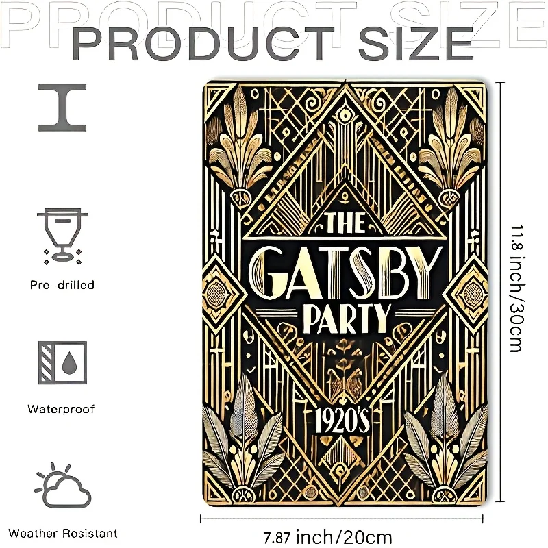 2D Flat, 1pc 20x30 Vintage Gatsby Party Tin Sign - 1920s Style Metal Wall Art with Golden Geometric Design, Durable Rustic Decor