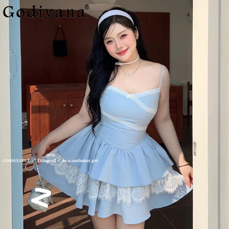 

Large Size Temperament Light Blue Age-reducing Lace Slash Neck Suspender Dress Summer Fashion Versatile High Waist Short Dresses