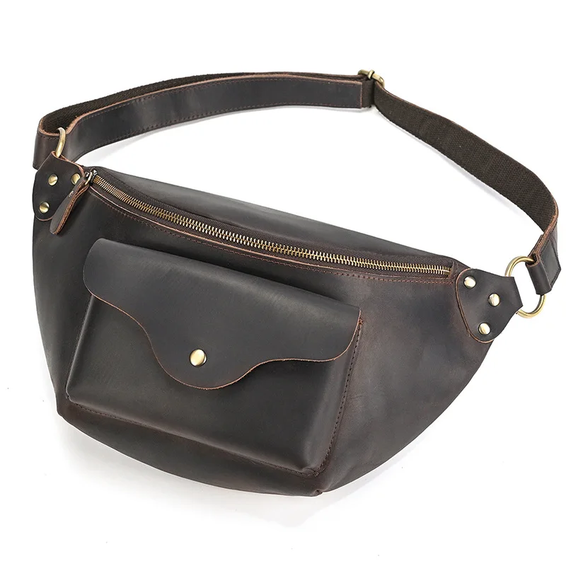 

Поясная сумка из натуральной кожи для мужчин и женщин, ретро-рюкзак из кожи Crazy Horse, вместительная спортивная нагрудная сумка 40 см.