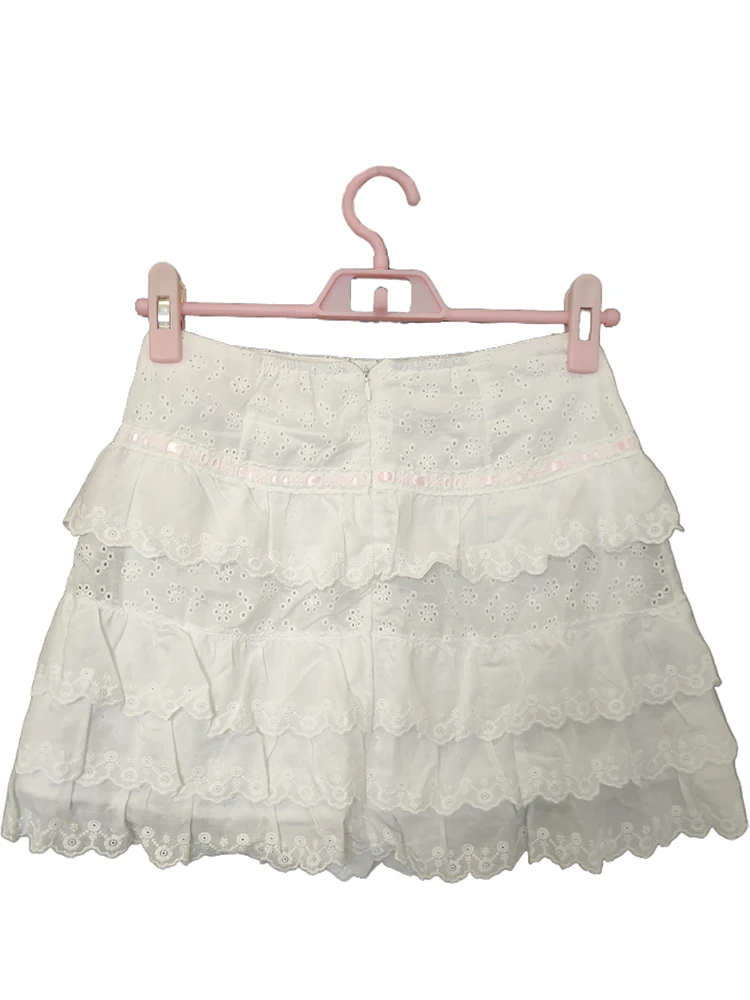 White Shorts Skirts Women Summer Cotton Bows Decoration Lace Trim Multilayer Mini Skirt for Sweet Girls Kawaii Clothes