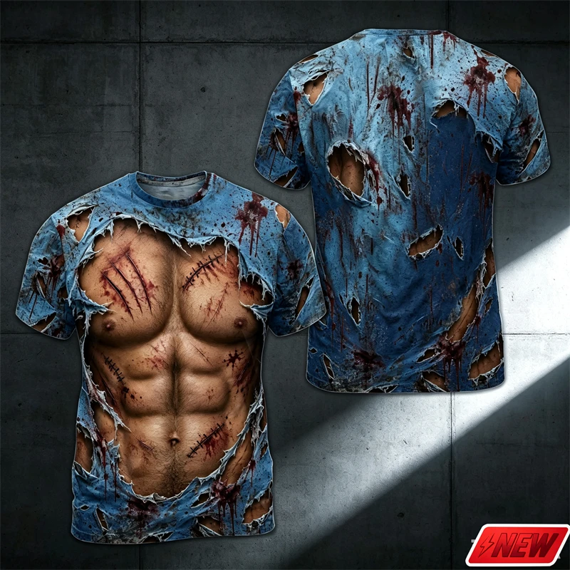 Halloween Zombie T Shirt Men 3D Print Torn Ripped Fake Muscle Abs Blood Graphic Short Sleeve Tee Quick Dry Cosplay Party Tops