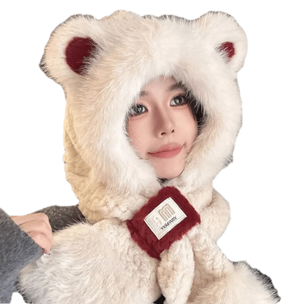 Gorro integrado de felpa bonito para invierno, bufanda cálida y gruesa con protección para los oídos, gorro informal a prueba de viento, bufanda para mujer