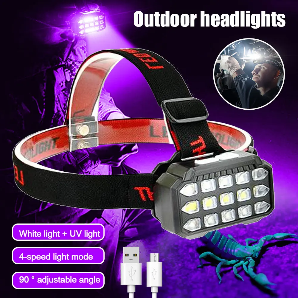 2in1 White+UV LED Headlamp USB Rechargeable Headlight Pet Stains Checker Waterproof Scorpion Outdoor Hunting Head Flashlight