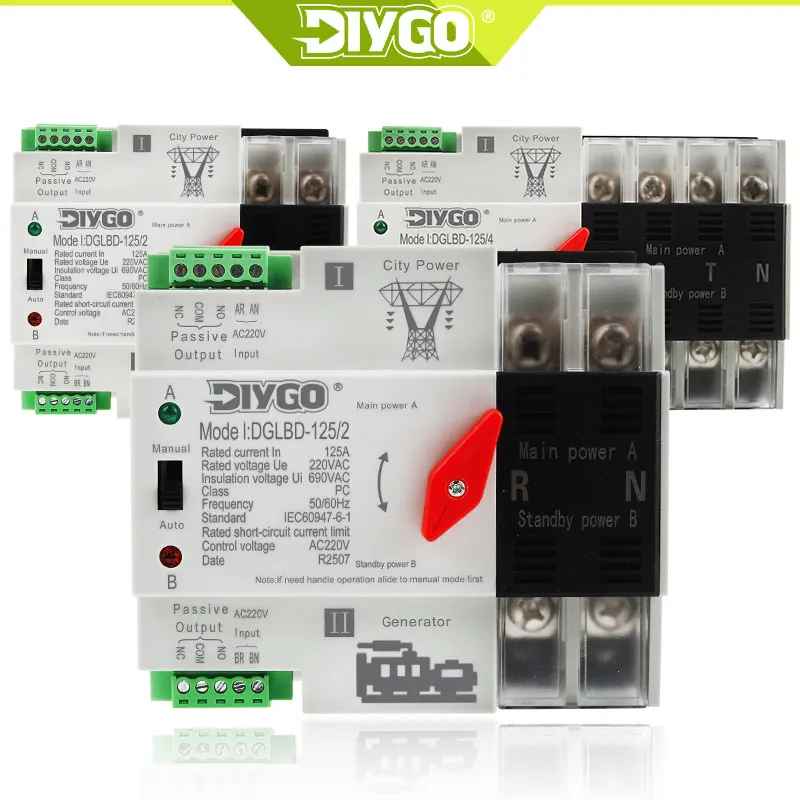 DIY GO Din Rail 2P 4P ATS Dual Power Automatic Transfer Switch Electrical Selector Switches Uninterrupted Power 125A 220V 110V