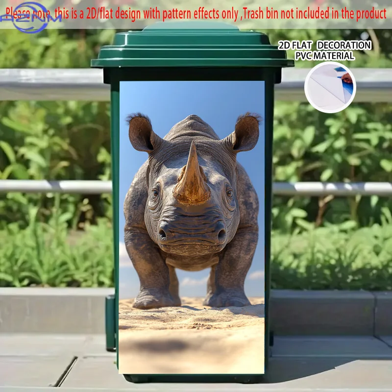 1pc, 2D/Flat, Rhino Pattern Trash Can Sticker. Wild, Powerful Search Terms. Creative Trash Can Sticker, Suitable for Trash Can