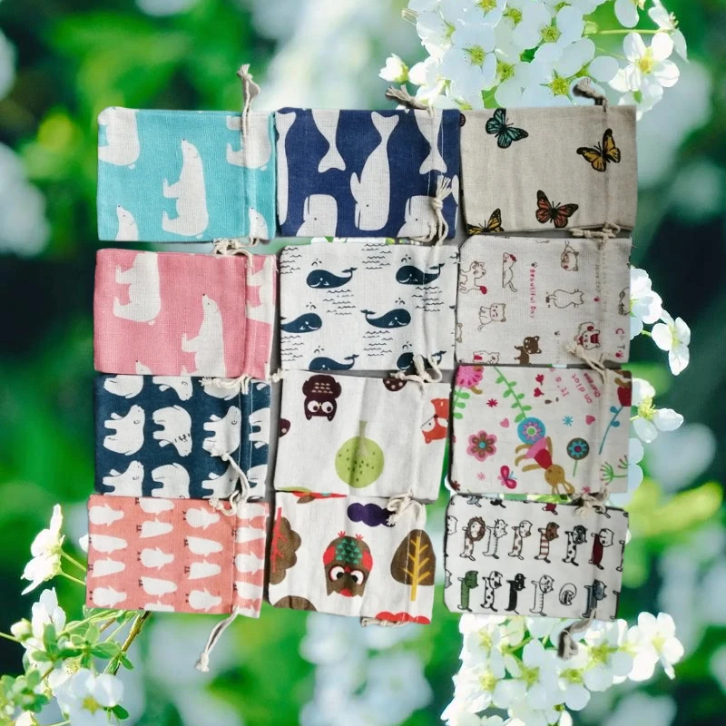50pcs Candy Handmade Cotton Bag Print Gift Sachet Pouch Packaging Drawstring Storage Sack Hessian Linen Wholesale Party Favor