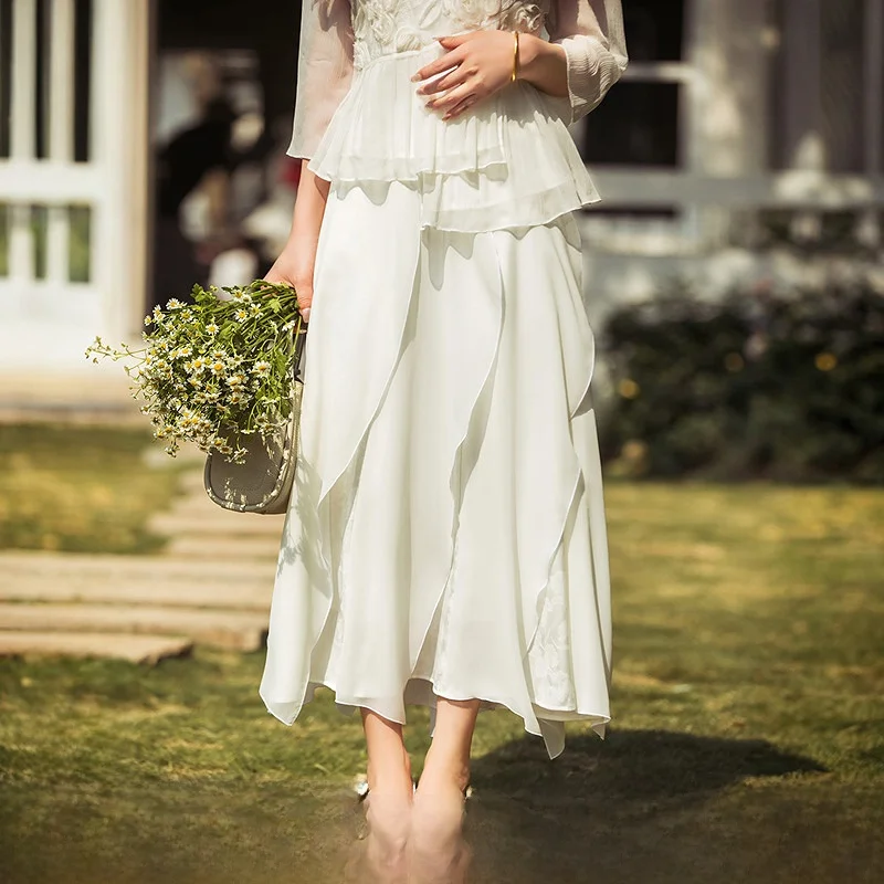 

Элегантная женская юбка-полусолнце с цветочной вышивкой и воланом, в винтажном стиле, свободного кроя, стандартная посадка, длинная, А-силуэт