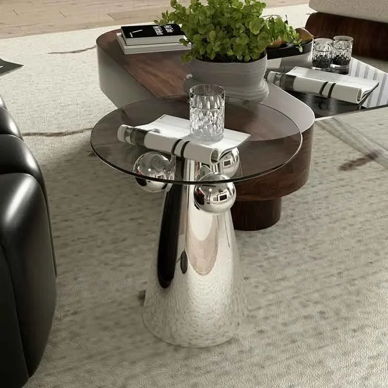 Nordic Furniture,Stainless Steel Coffee Table,Creative Round Glass Tea Table,Living Room Sofa Side Table,Modern Storage Desk