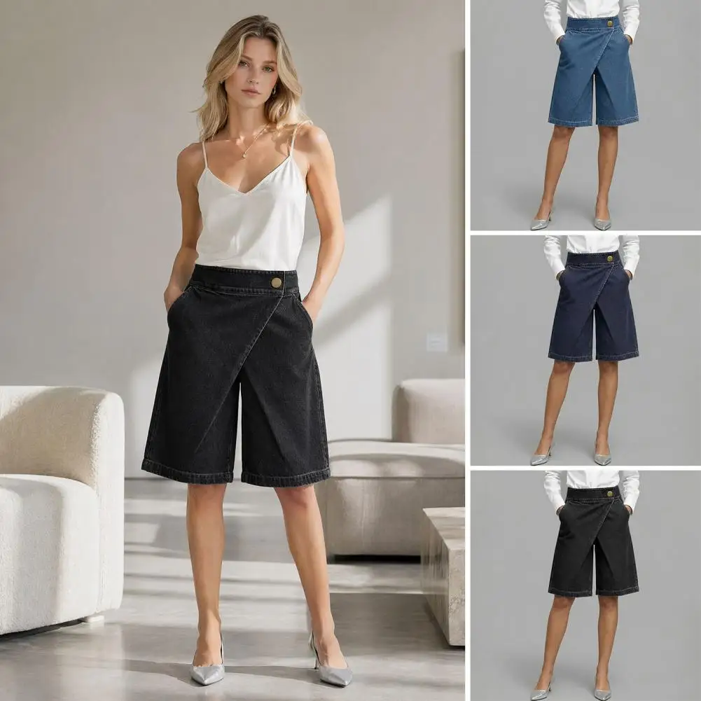 Shorts Bermuda de Mezclilla Elástica para Mujer, Shorts de Jeans de Cintura Alta hasta la Rodilla, Shorts Holgados con Botones y Bolsillos, Nuevo