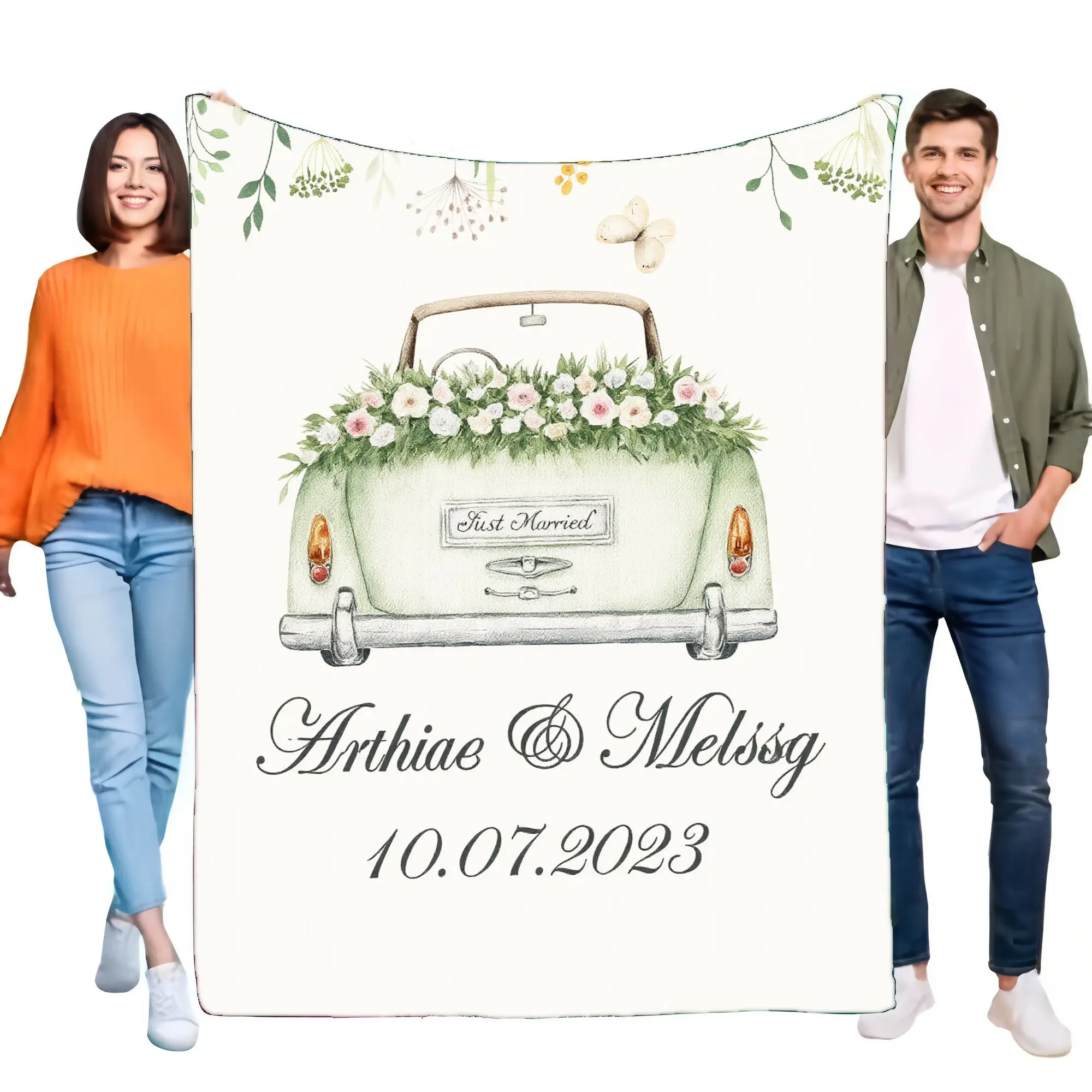 Just Married Cabrio-Autodecke, Hochzeits-Überwurfdecke, personalisierbar mit Namen und Datum, Vintage-Blumendesign, weich, gemütlich, perfekt