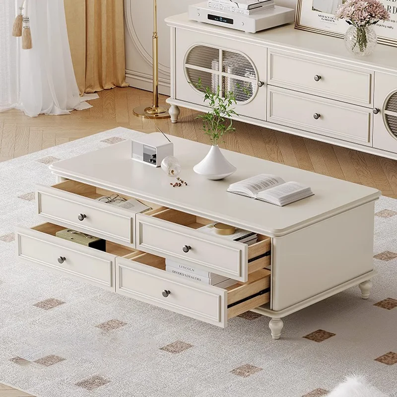 ！@French Cream Style White Solid Wood Tea Table Small House Living Room Household Rectangular Table Four Drawn Simple Tea Table