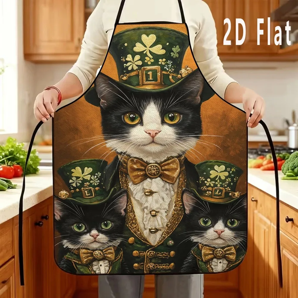 Happy St Patricks Day Apron Lucky Shamrock Cat Dog Printed Cooking Bib Irish Party Kitchen Baking Pinafore For Women Men