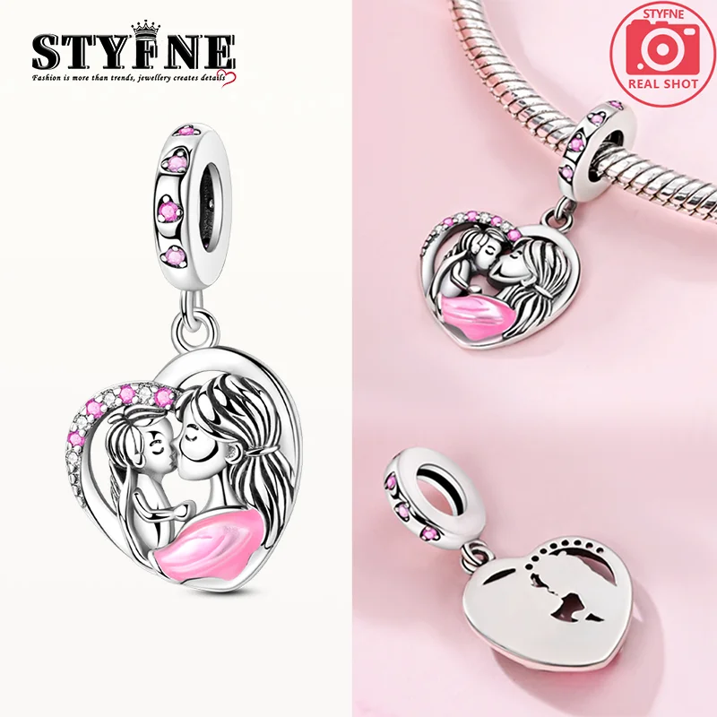 Charms Plata 925 Pink Motherly Love Heart-shaped Pendants Fit Original 925 Bracelets Charms for Women Jewelry DIY Making Gifts