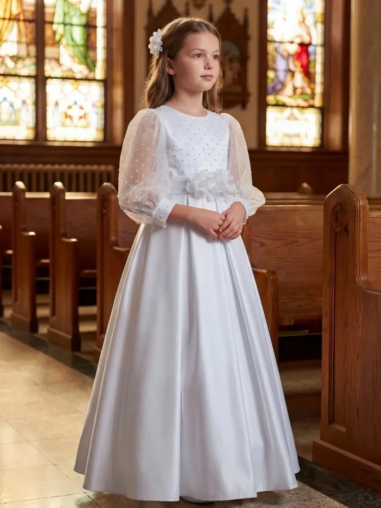 Custom light luxury dress women wedding guest gown girls wedding gown birthday party pageant sheer long sleeve floral satin gown