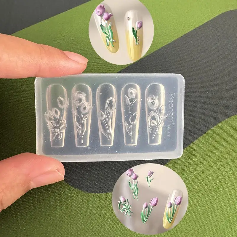 1 Stück hochtransparente 3D-Nagelkunst-Schnitzform mit Box, Schmetterlings-, Tulpen- und Lilienblumen-Vorlage für Nageldekoration – Detail 5
