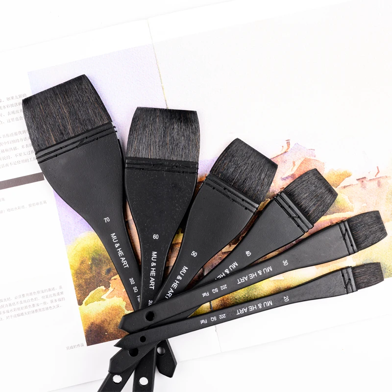 Squirrel Mixed Hair Flat Shape Black Wooden Handle Professional Watercolor Paint Artist Brush Supplies Tool MU & HE ART 202F