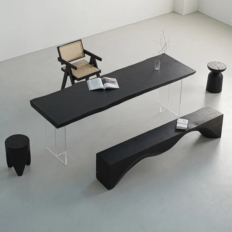 Burnt carbonized black solid wood dining table, living room large board desk simple long table