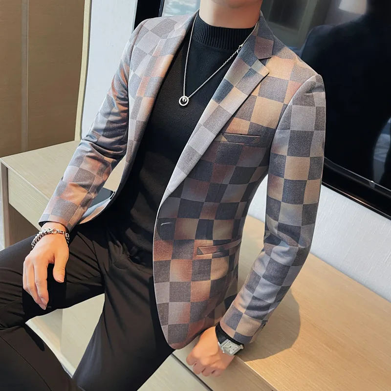 Brand Luxury Plaid Suit Jacket for Men 2023 Autumn Casual Blazer Masculino Fashion Slim Business Wedding Groom Social Dress Coat