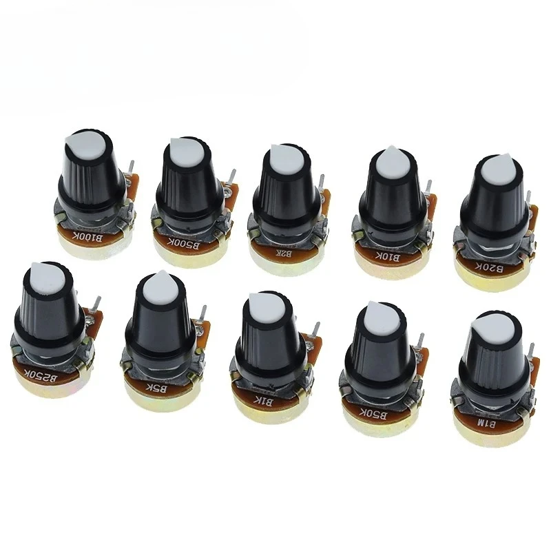 ชุด 5 ตัว โพเทนชิโอมิเตอร์แบบหมุน WH148 1K 10K 20K 50K 100K 500K โอห์ม 15 มม. 3 ขา แบบเส้นตรง สำหรับ Arduino พร้อมฝาครอบสีขาว AG2