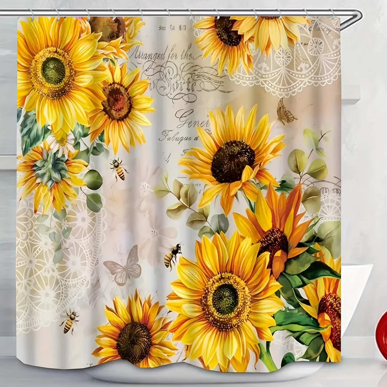 1pc Shower Curtain - Vibrant Sunflowers and Bees Design for a Bright and Cheerful Bathroom Waterproof